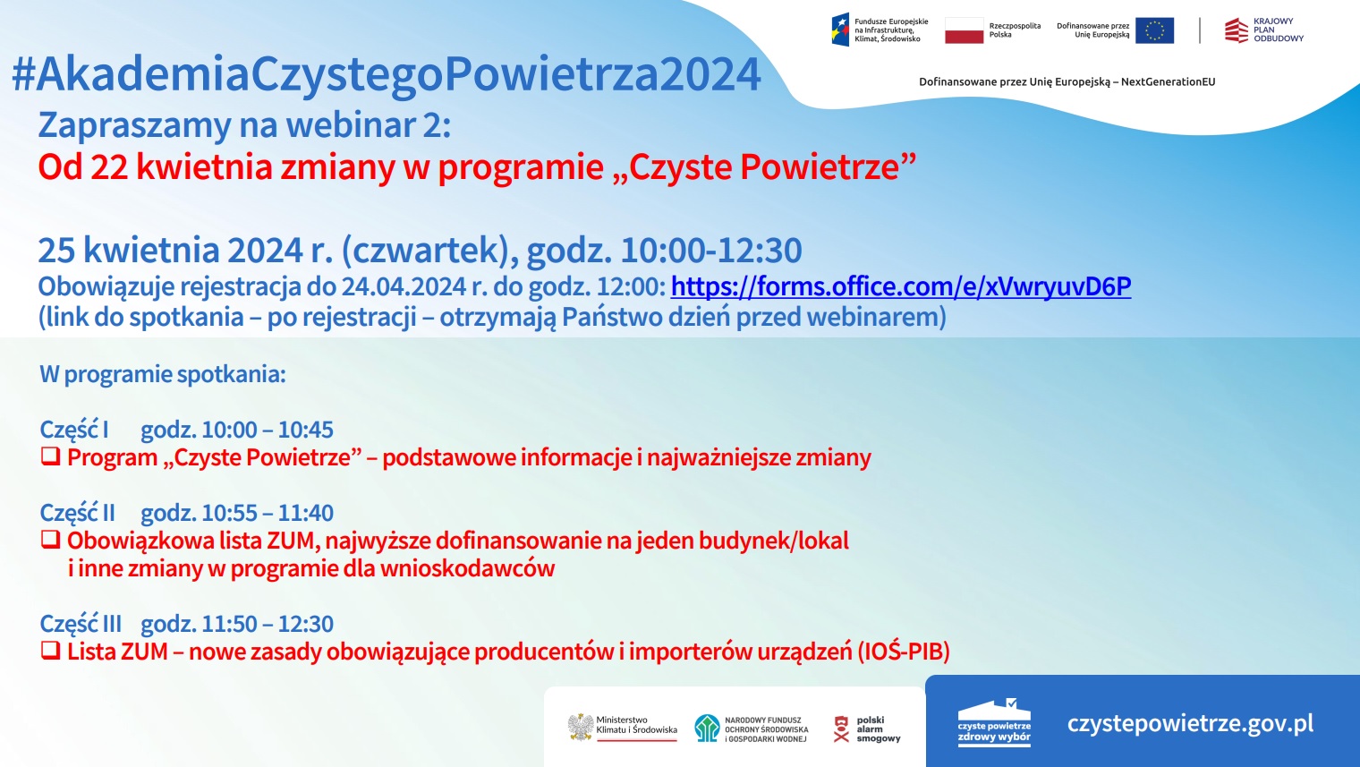 #AkademiaCzystegoPowietrza2024 – 25 kwietnia o godz. 10:00. Zapraszamy na 2. webinar o zmianach w programie "Czyste Powietrze”