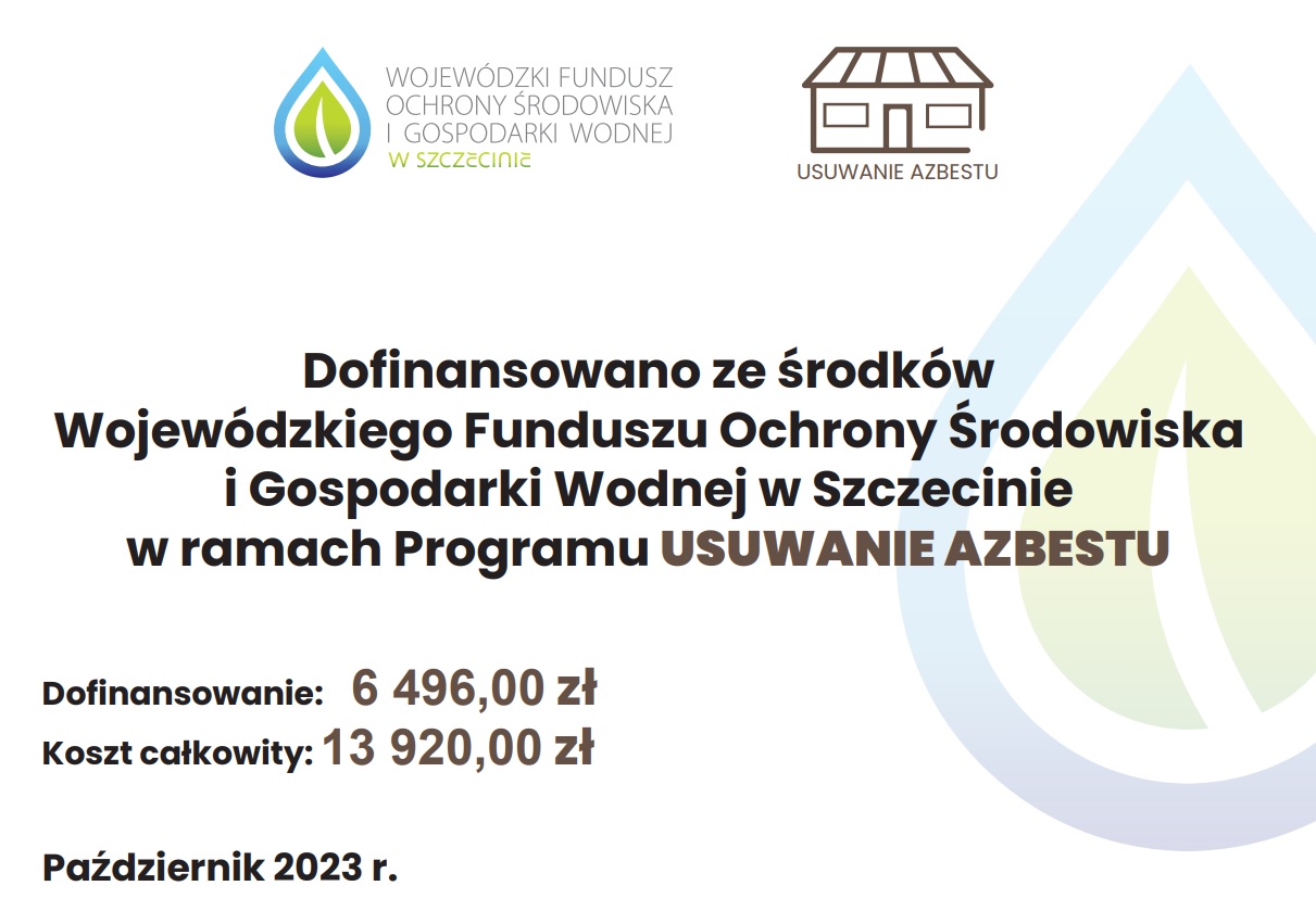 INFORMACJA DOT. UZYSKANEGO DOFINANSOWANIA NA USUWANIE WYROBÓW ZAWIERAJĄCYCH AZBEST W ROKU 2023